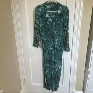 Khush Womens Green Tie Dye Jumpsuit SZ Small Long Sleeve Button Up Pockets